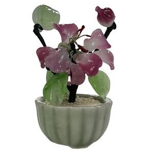 Asian Glass Bonsai Shell Flower Tree Jade Green Planter Pot Pink Green
